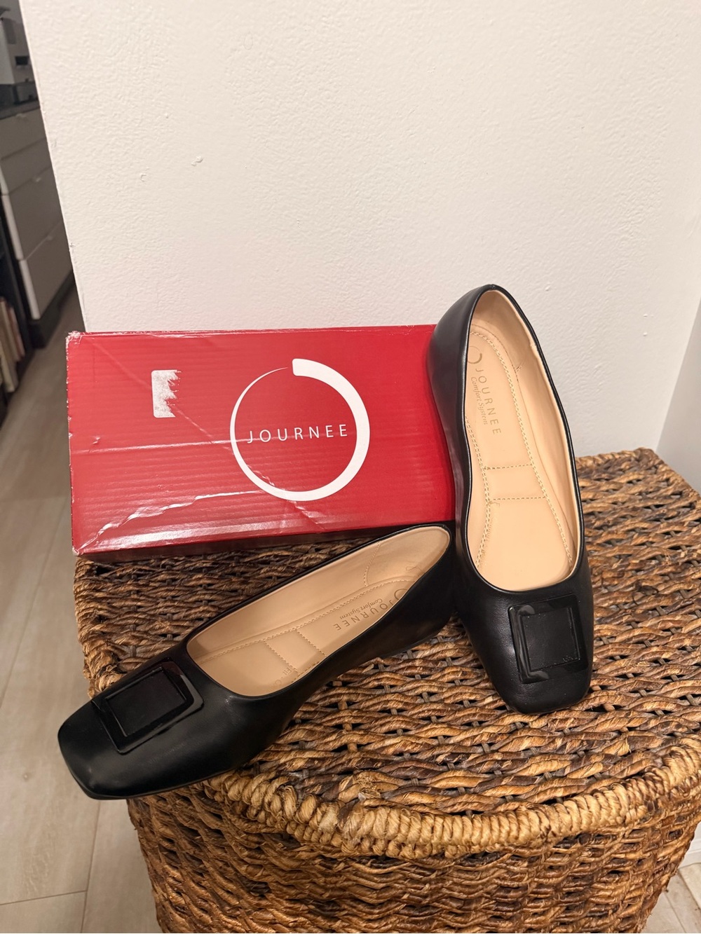 Journee Collection Black Square-Toe Ballet Flats with Buckle Accent